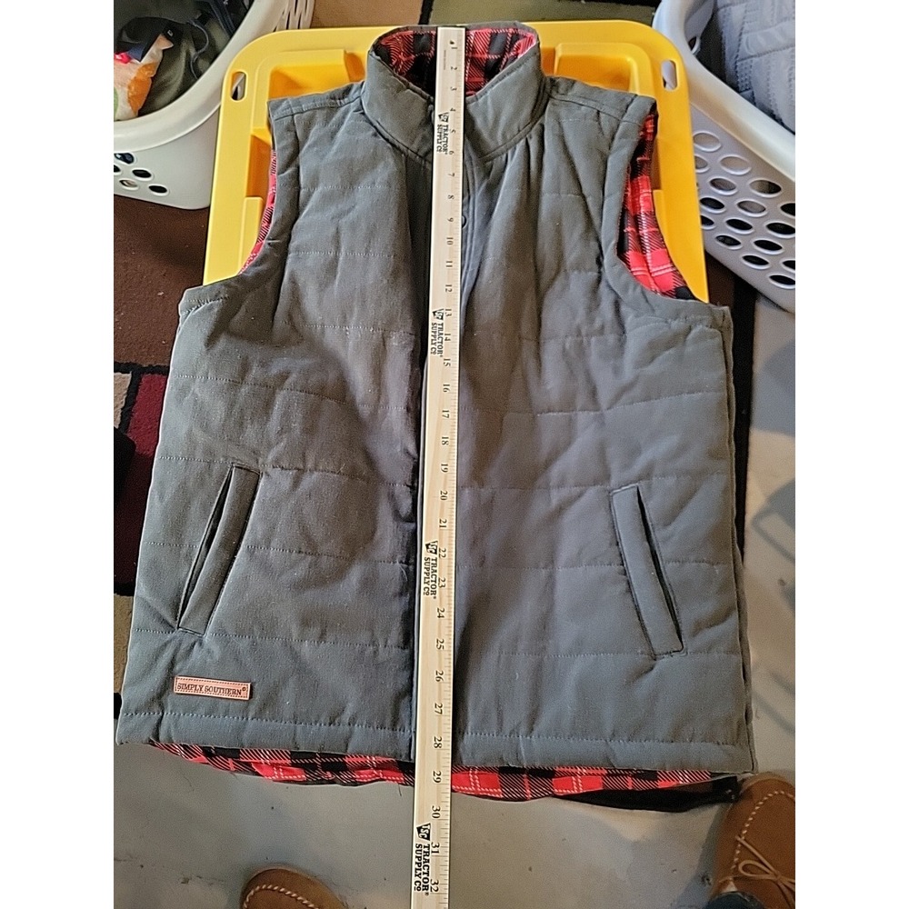 SIMPLY SOUTHERN Vest Men's M Grey Canvas Snap‎ Buttons Plaid Lined
